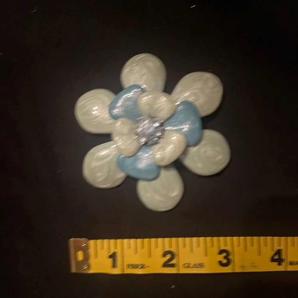 Vintage Large Blue and Green Enamel Flower Brooch with Blue Rhinestones